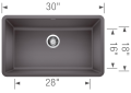 Blanco 442530 PRECIS™ SILGRANIT® Composite Sink, Cinder, Rectangle Shape, 28 in L x 16 in W x 9-1/2 in D Bowl, 30 in L x 18 in W, Under Mount, Granite
