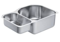 Moen® G18237 1800 Kitchen Sink, Brushed, Rectangle Shape, 9 in Left, 18 in Right L x 16 in Left, 18 in Right W x 6 in Left, 10 in Right D Bowl, 20 in W x 30-1/4 in H, Under Mount, 18 ga Stainless Steel