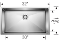 Blanco 515823 PRECISION™ R10 STELLART™ Super Single Bowl Kitchen Sink, Satin Polished, Rectangle Shape, 30 in L x 16 in W x 10 in D Bowl, 32 in L x 18 in W, Under Mount, 18 ga 304 Stainless Steel