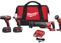Milwaukee® M18™ 2696-24 4-Tool Kit Cordless Combination Kit, Tools: Hammer Drill, Impact Wrench, 18 VDC, 3 Ah Lithium-Ion, Keyless Blade