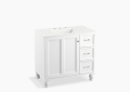 Kohler K-99520-LGR-1WA Damask(R) 36" Bathroom Vanity Cabinet with Furniture Legs, 1 Door and 3 Drawers on Right - Linen White