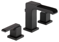 DELTA® 3568LF-BLMPU Ara® Widespread Channel Lavatory Faucet, 1.2 gpm Flow Rate, 5-5/16 in H Spout, 4 to 16 in Center, Matte Black, 2 Handles, Metal Pop-Up Drain, Domestic