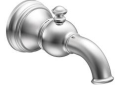 Moen® S12104 Wall Mount Diverter Tub Spout, Weymouth™, 6-3/4 in L, For Use With Weymouth™ ExactTemp® TS32112 Thermostatic Shower Trim, 1/2 in Slip-Fit Connection, Metal, Polished Chrome, Import