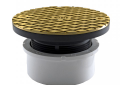 Jones Stephens C59001 4" Hub Fit Base Cleanout with 3-1/2" Plastic Spuds 6" Polished Brass Round Cover PVC