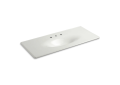 Kohler® 3053-8-NY Iron/Impressions® 1-Piece Bathroom Sink, Elongated Oval Shape, 4 in Faucet Hole Spacing, 49-5/8 in W x 22-1/4 in D x 6-1/2 in H, Vanity Top Mount, Enameled Cast Iron, Dune