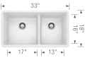 Blanco 441125 PRECIS™ SILGRANIT® II 1-3/4 Bowl Composite Sink, White, Rectangle Shape, 17 in Left, 13 in Right L x 16 in Left, 16 in Right W x 9-1/2 in Left, 9-1/2 in Right D Bowl, 33 in L x 18 in W, Under Mount, Granite