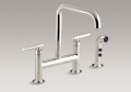 Kohler 7548-4-SN Purist (R) Two-hole Deck-mount Bridge Kitchen Sink Faucet with 8-3/8" Spout and Matching Finish Sidespray